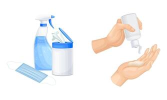 Disinfection and hygiene set. Hands hygiene with sanitizer. Antiseptic spray and antibacterial wet wipes illustration vector