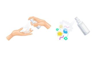 Disinfection set. Hands hygiene with sanitizer. Bottle of antiseptic spray illustration vector