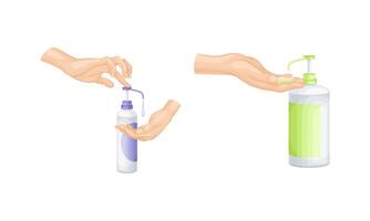 Disinfection set. Hands hygiene with sanitizer or antibacterial soap illustration vector
