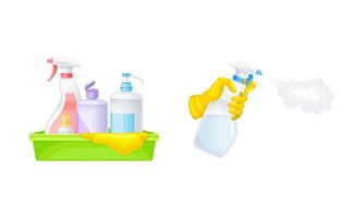 Disinfection and hygiene set. Antiseptic and antibacterial products. Hand in glove with bottle of antiseptic spray illustration vector