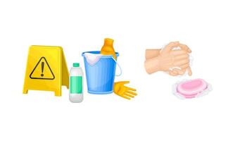 Disinfection and hygiene set. Antiseptic and antibacterial products. Washing hands with soap illustration vector