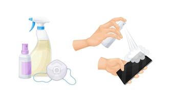 Disinfection and hygiene set. Mobile phone treatment with disinfectant spray. Sanitizer bottles illustration vector