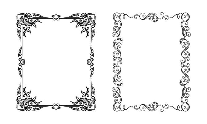 Elegant vintage decorative frames set. Filigree black ink borders of rectangular shape illustration