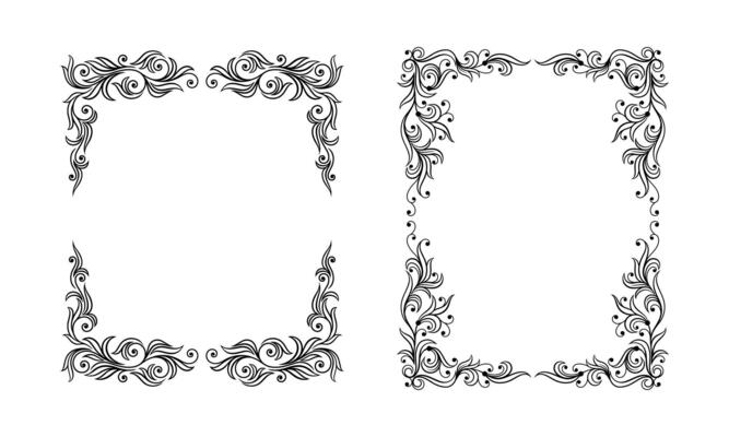 Elegant decorative frames set. Filigree vintage black borders of rectangular shape illustration