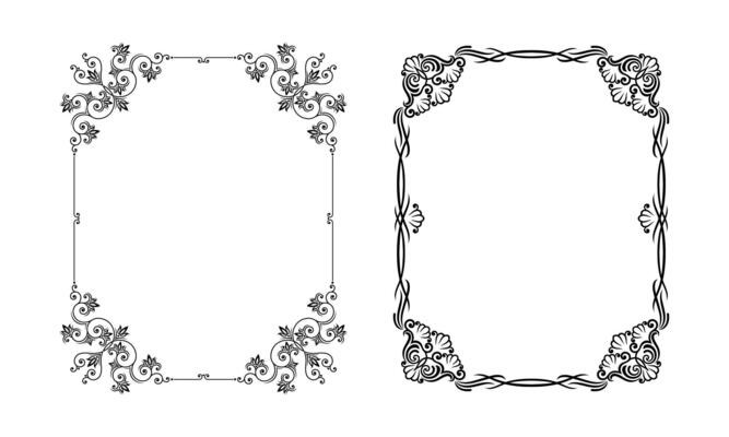 Retro style calligraphic frames set. Vintage black ink decor borders illustration