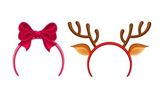 Carnival or party headbands set. Reindeer rim, head decor accessories with bow cartoon illustration vector
