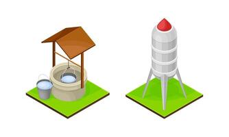 Farm objects set. well and water tower isometric illustration vector