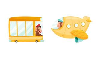 Cute monkey character in transport set. Funny jungle animal driving bus and flying in airplane cartoon illustration vector