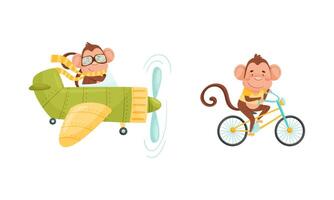 Cute monkey character in transport set. Funny jungle animal riding bicycle and flying in airplane cartoon illustration vector