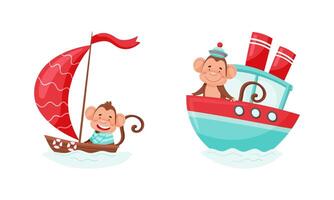 Cute monkey character in transport set. Funny jungle animal boating and sailing cartoon illustration vector