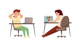 Children studying online and communicating with classmates via conference on laptop computer. Distance education during quarantine cartoon illustration vector