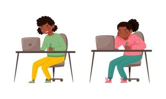 Children studying online and communicating with classmates via conference on laptop computer. cartoon illustration vector