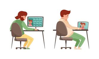 Boy and girl studying online and communicating with classmates via conference on laptop computer cartoon illustration vector