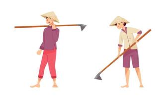 Asian farmers working on farm set. Peasants in straw conical hats working with hop on field cartoon illustration vector