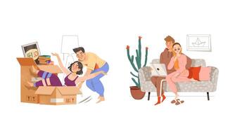 People staying at home set. Couples relaxing and communicating with family during quarantine using laptop computer illustration vector