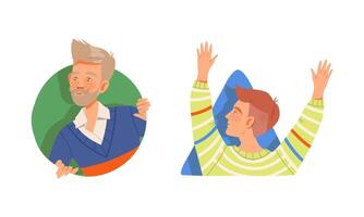People looking out from windows set. Man peeking out from circular and triangular frames and gesturing illustration vector