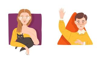 People looking out from windows set. Girl and boy peeking out from circular and triangular frames illustration vector
