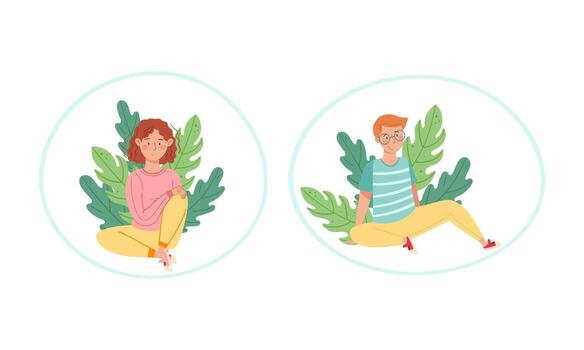 People sitting on the grass set. Boy and girl relaxing on nature cartoon illustration vector