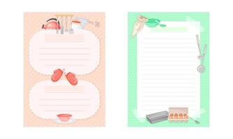 Pages with lines for recipe entries. Recipe book page templates set cartoon illustration vector
