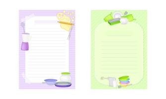 Pages with lines for recipe entries. Recipe book page templates with kitchen utensils set illustration vector