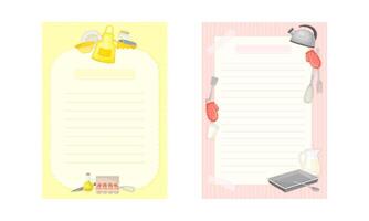 Lined pages for recipe entries set. Kitchen book paper for adding your own recipe cartoon illustration vector