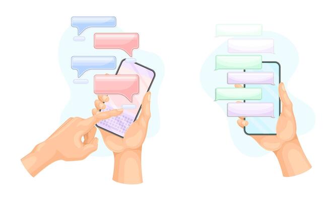 People chatting via smartphone set. Hands holding phone with messages chat, messenger application on display illustration