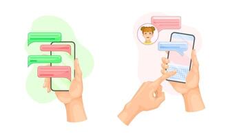 People chatting via smartphone set. Hands holding phone with messages, messenger application on display illustration vector