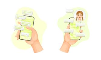 People chatting via smartphone set. Hands holding phone with messenger application on display illustration vector