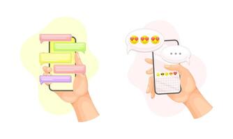 People chatting via smartphone set. Hands holding phone with short messages, emoticons and icons, messenger application on display illustration vector