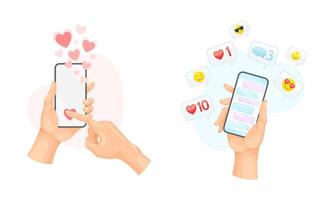 People chatting via smartphone set. Hands holding phone with messages, emoticons and hearts, messenger application on display illustration vector