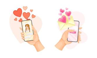 People chatting via smartphone set. Hands holding phone with messages and hearts, messenger application on display illustration vector