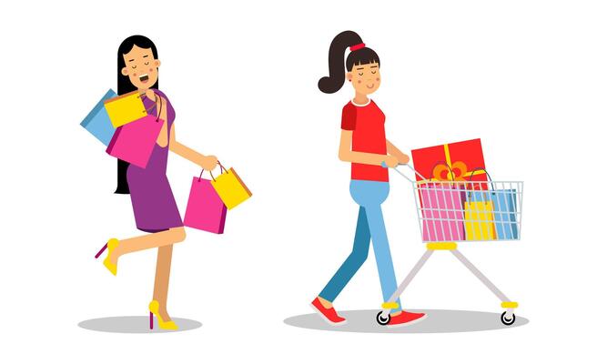 Girls walking with cart and carrying shopping bags set. People taking part in seasonal sale at store, mall illustration