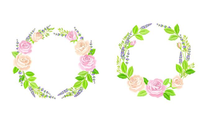 Elegant round frames with pink roses and leaves set. Wedding, birthday, valentines day decor element, greeting card design illustration
