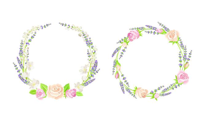 Elegant floral round frames set. Wedding, birthday, valentines day decor element, greeting card design. Wreath of rose flowers illustration