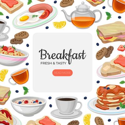 Breakfast food web banner template. Fresh and nutritious morning food landing page. Cafe or restaurant food menu design illustration