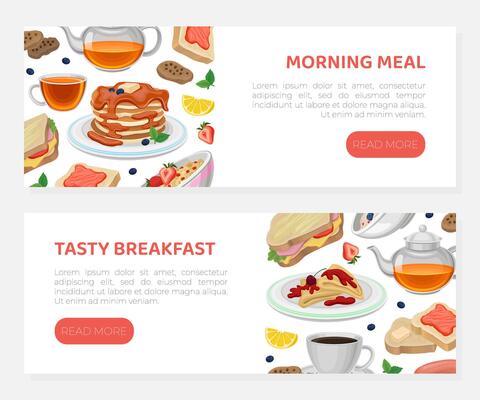 Tasty breakfast landing page templates set. Fresh and nutritious morning meal web banners. Cafe or restaurant food menu design illustration