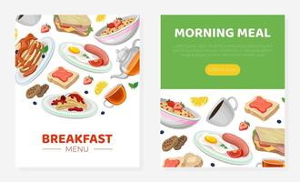 Breakfast menu web banner. Fresh and nutritious morning meal landing page, mobile application. Delivery and catering service illustration vector