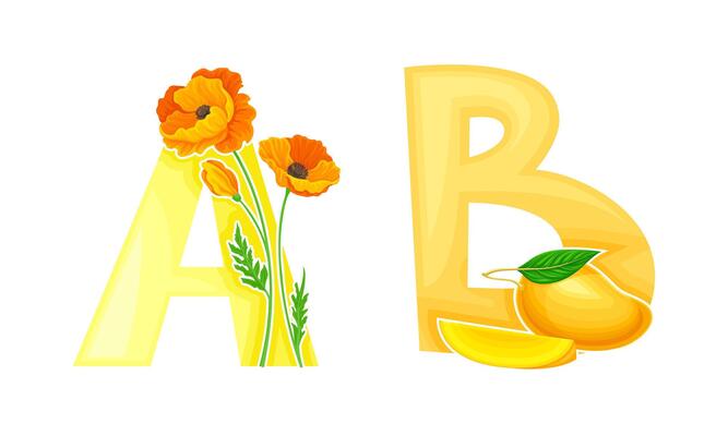 A,B letters of English alphabet with exotic mango fruit and poppy flower illustration