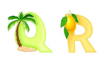 Q,R letters of English alphabet with palm tree and lemon fruit illustration vector