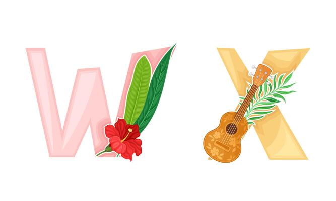 W,X letters of English alphabet with exotic red flower and ukulele guitar illustration