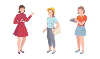 Travelling people with camera walking at excursion with tour guide illustration vector