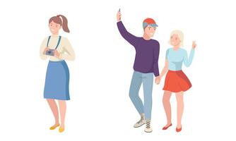People with camera and smartphone walking at excursion and taking photos set illustration vector