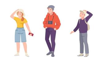 Tourists with cameras exploring interesting places and taking photos set illustration vector