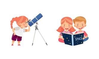 Kids learning about space set. Boy and girl using telescope for astronomical research and reading book illustration vector