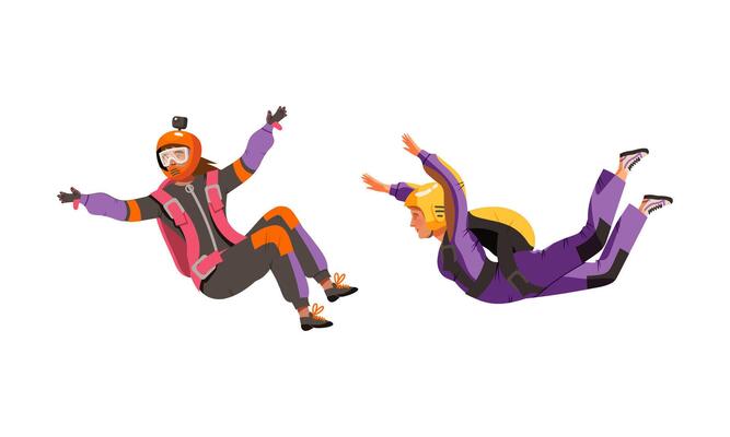 People skydiving in the sky set. Professional parachutists parachuting in free fall illustration