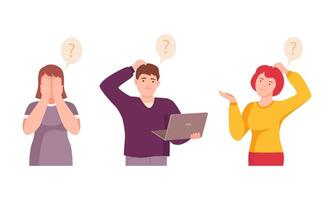 People thinking with question marks over their heads set. Thoughtful persons thinking about problems illustration vector