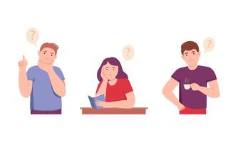 People thinking with question marks over their heads set. Persons in doubt thinking about problems illustration vector