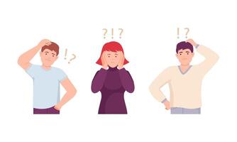 Man and woman thinking with question marks over their heads set. Doubting man and woman thinking about problems illustration vector