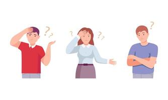 Man and woman thinking with question marks set. Doubting people thinking about their problems illustration vector