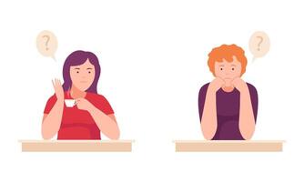 Man and woman thinking with question marks over their heads set. Puzzled persons thinking about problems illustration vector